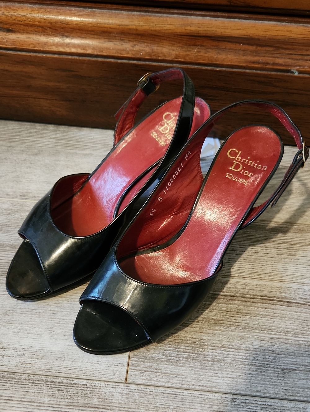Dior Black Leather Peep-Toe Slingback Heels with Red Insoles